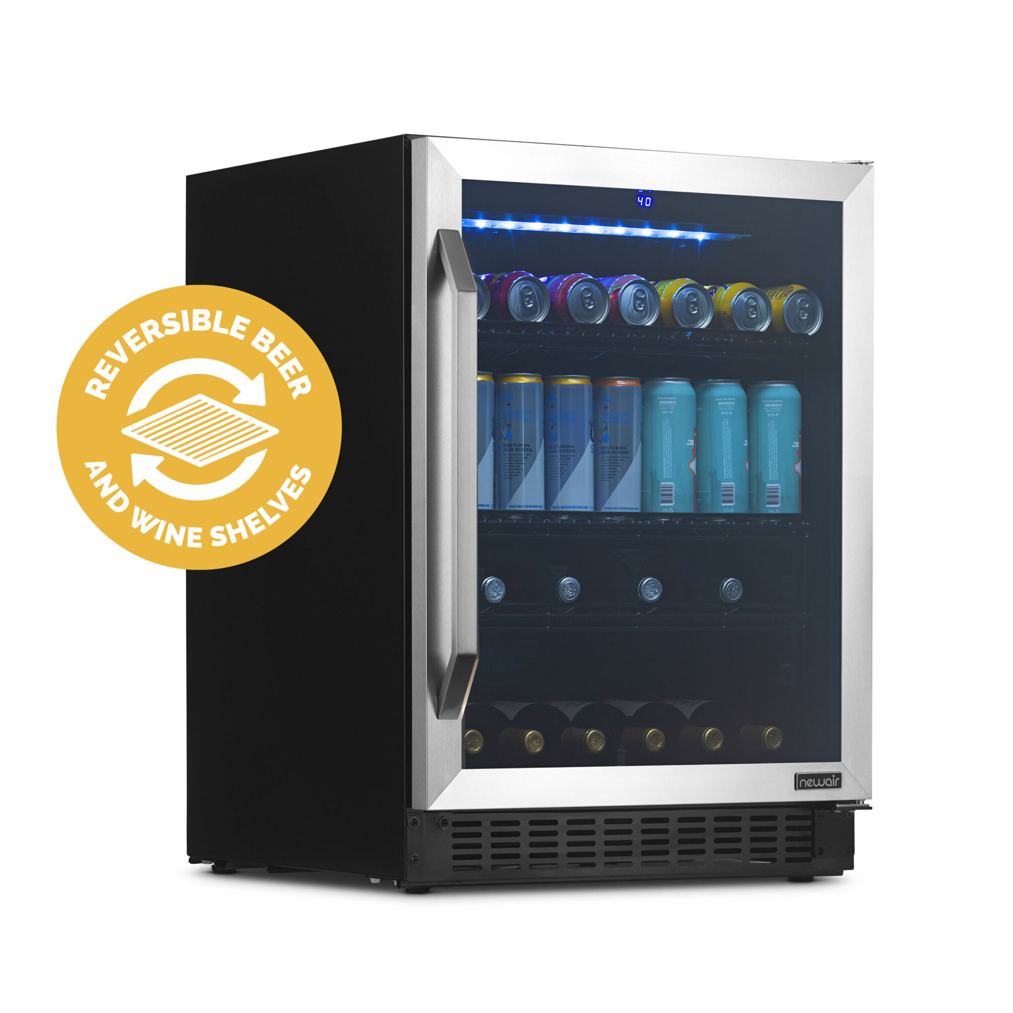 Newair Built-in or Freestanding FlipShelf Fridge, Bottle Capacity 54, Can Capacity 162, Height 34 in, Model# NWB180SS00